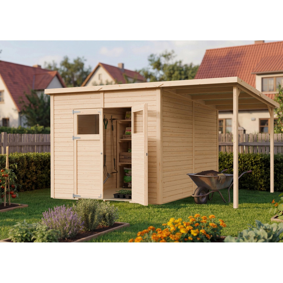 Bertilo Holz-Gartenhaus Amrum4PlusXL Flachdach Unbehandelt in Natural Brown - Bild 2