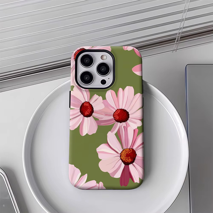 Handyhülle mit rosa Blumen auf grünem Hintergrund für Apple iPhone 17 16 15 14 13 12 Pro Max Plus mit doppelschichtiger Rückseite - Bild 4