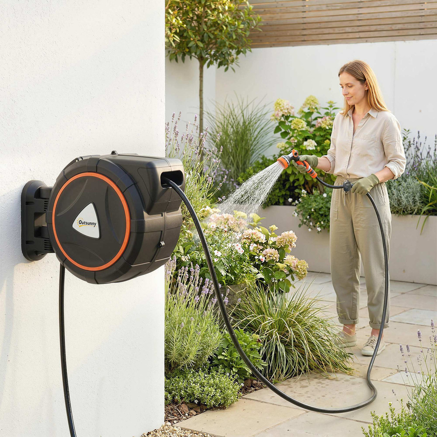 Outsunny Automatischer Wand-Gartenschlauch-Aufroller in Orange mit 30 m Schlauchlänge und 12 Düsen, 180 Grad schwenkbar mit Arretierung - Bild 2