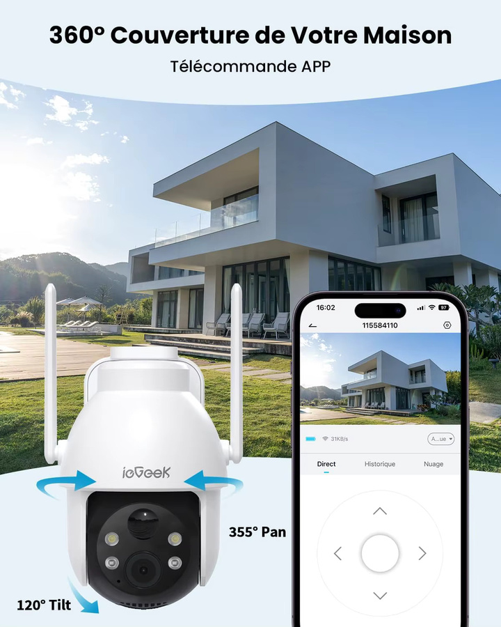 ieGeek Solar-Überwachungskamera für den Außenbereich mit 2K 3MP Auflösung, 360 Grad PTZ, Akku, PIR-Bewegungssensor und farbiger Nachtsicht in Weiß - Bild 2
