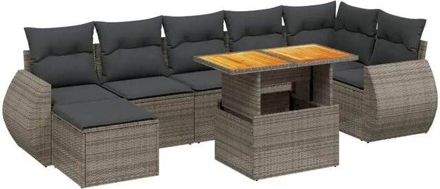 vidaXL 8-teilige Garten-Sofagarnitur aus Polyrattan in Grau mit Kissen, Ecksofa, Ottoman und Couchtisch für Terrasse und Garten - Bild 1