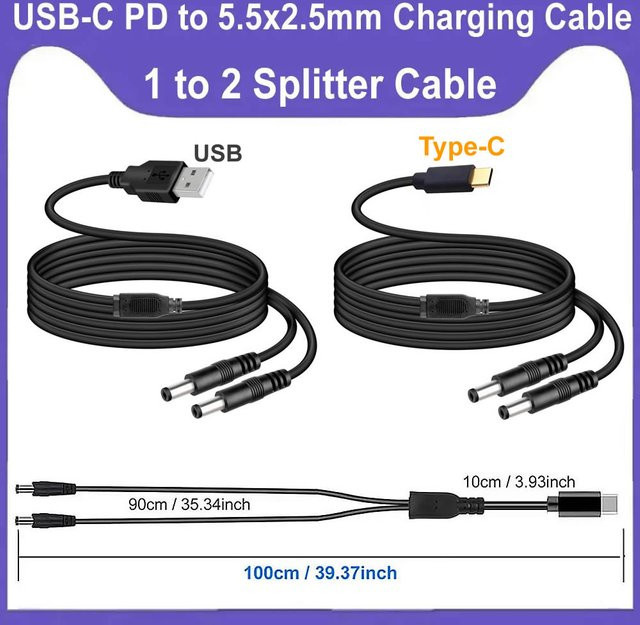 USB Typ-C zu Dual DC Splitter Kabel 5V PD auf 2x DC 5,5x2,5mm in Schwarz für LED Streifen, TV Box und Router - Bild 1