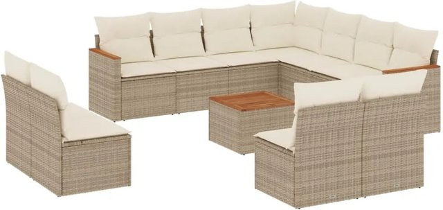 vidaXL 12-tlg. Garten-Sofagarnitur in L-Form aus Poly-Rattan und Akazienholz mit Kissen in Beige-Creme - Bild 1