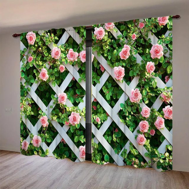 Tonnika Chen Vorhang mit Rosenmuster in Rosa, 2er-Set aus Polyester, B: 100 cm, H: 70 cm - Bild 1