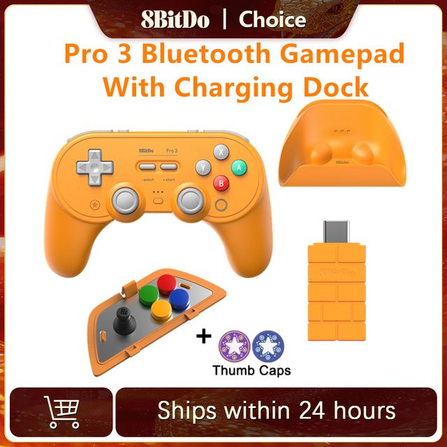 8BitDo Pro 3 Controller mit Ladestation und Adapter in Orange für Nintendo Switch, Windows, Android, SteamOS und Apple iOS via Bluetooth oder 2.4G - Bild 1