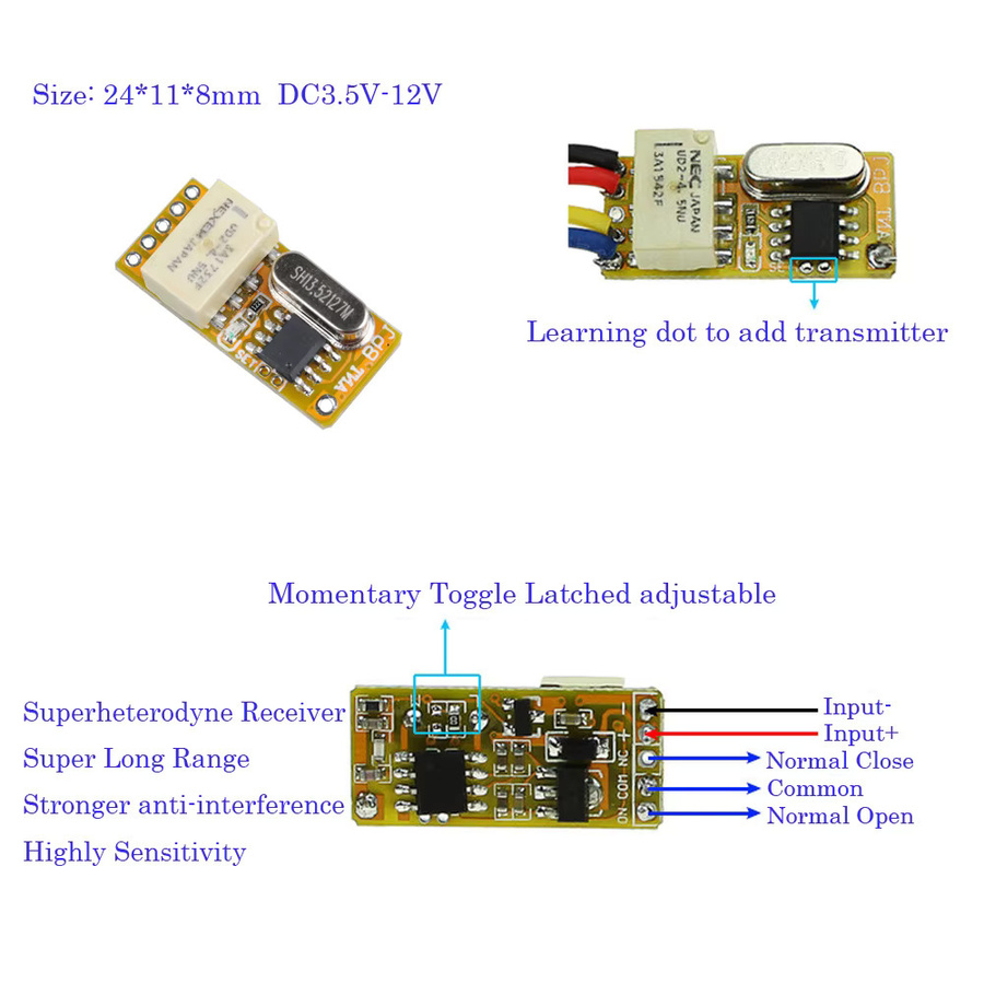 CENTURY AOKE Mini-Relais-Funkfernbedienungsschalter 433MHz mit NO COM NC Kontakten 3,7-12V - Bild 2