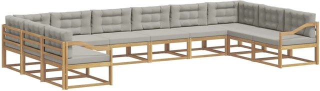 vidaXL Outdoor-Sofagarnitur in U-Form aus massivem Akazienholz mit Kissen, 10-teiliges Set, Weiß-Hellgrau - Bild 1
