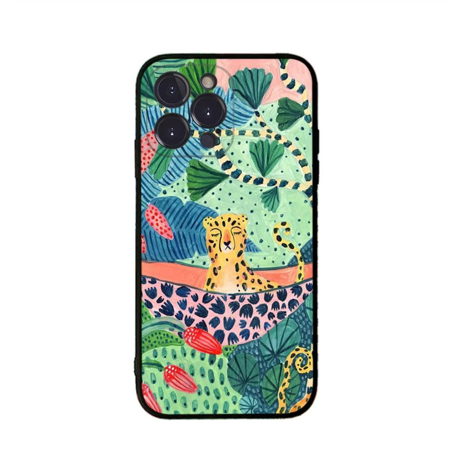 Handyhülle aus weichem Silikon mit Dschungelkunst-Illustration Snake Cats Faultier in Multicolour für iPhone 16 15 14 13 12 11 Pro Max Mini XS Plus X Cover von Potdemiel - Bild 3