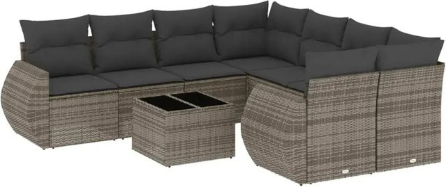 vidaXL 9-tlg. Garten-Sofagarnitur in L-Form aus grauem Poly-Rattan mit Kissen und pulverbeschichtetem Stahlgestell - Bild 1