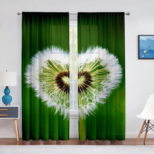 Transparenter Tüllvorhang mit Löwenzahn und Gänseblümchen Blumenprint in Blau, Modernes Chiffon-Voile-Fenstervorhang mit Ösen, Breite: 100 cm, Höhe: 250 cm - Bild 1