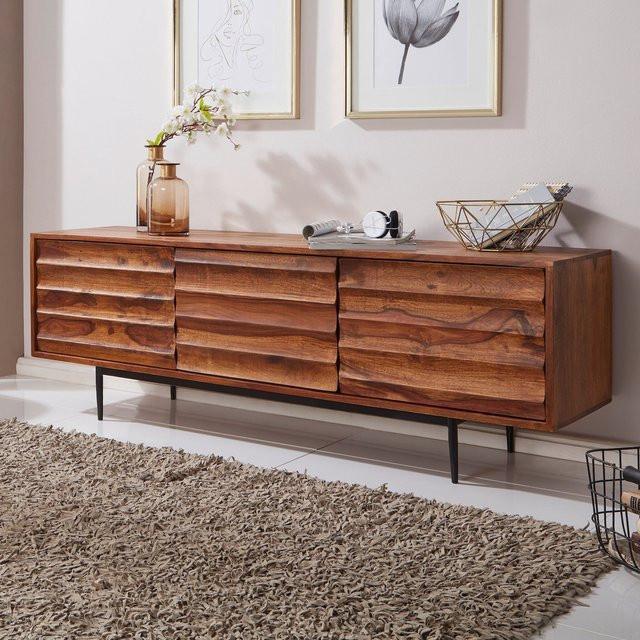 Finebuy TV-Board aus Sheesham Massivholz in Braun mit Holzlamellen im Industrial-Stil, Breite: 150 cm - Bild 1