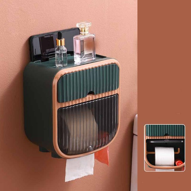 WTEMPO Multifunktions-Toilettenpapierhalter aus Kunststoff mit Deckel und Wandhalterung, wasserdichte Aufbewahrungsbox in Grün, B/H/T: 24,0 x 13,5 x 21,0 cm - Bild 1