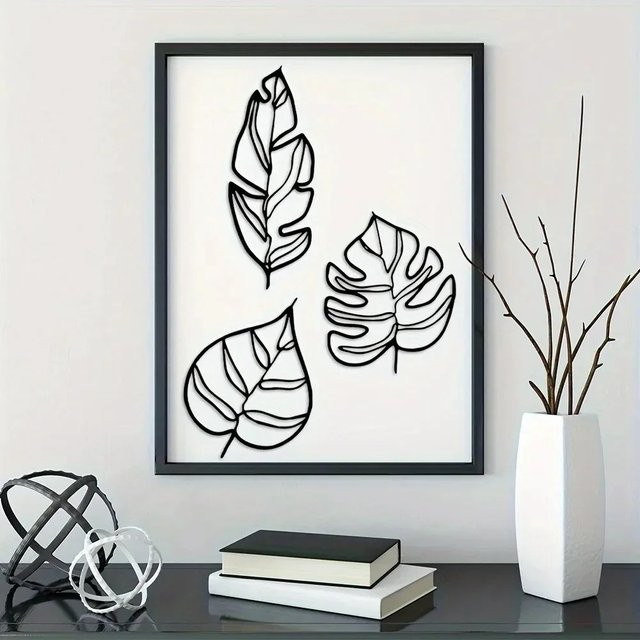 Animula Metall-Wandkunst Set aus 3 Stück, Schwarze Aluminium-Hängeblatt-Dekoration mit floralem Blättermuster - Bild 1