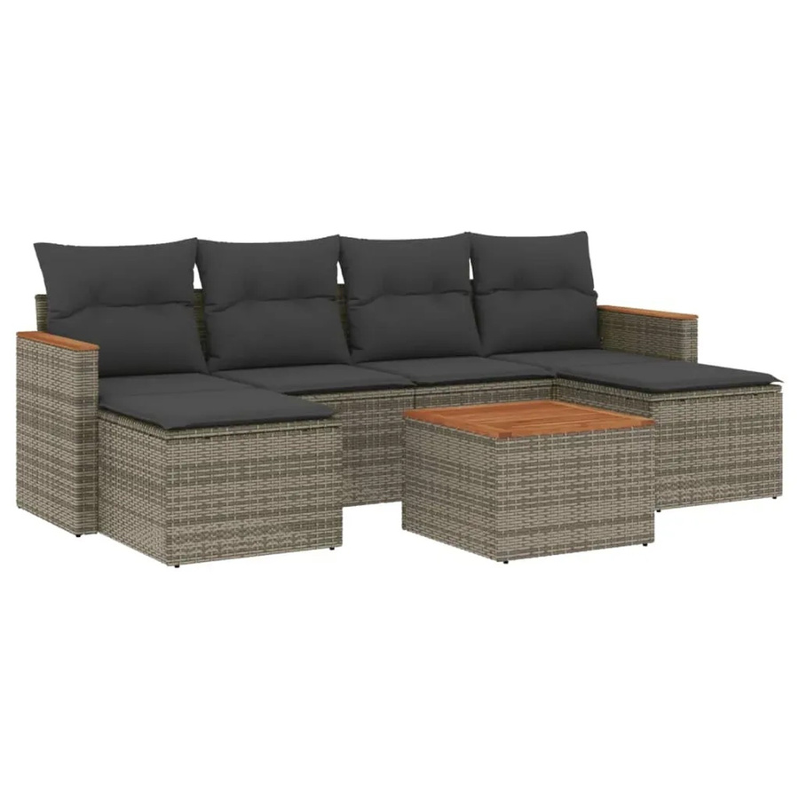 vidaXL 7-teilige Garten-Sofagarnitur aus Poly-Rattan und Akazienholz in Grau mit Kissen - Bild 2