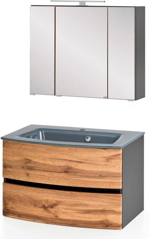 HELD MÖBEL Waschtisch-Set KOPENHAGEN in 4-teiliger Ausführung, modern und matt, Farbe Braun/Grau, Wandmontage mit LED-Beleuchtung und integrierter Steckdose - Bild 1