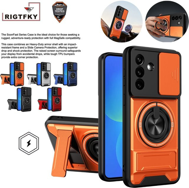 Stoßfeste Panzer-Handyhülle für Samsung Android Smartphones mit Kameraschutz, Ständer und magnetischer Abdeckung in Blau oder Orange - Bild 1