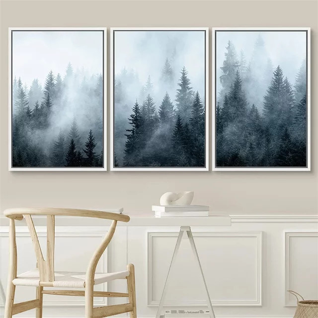 3-teiliges Leinwandset Potdemiel Natur-Wandkunst mit Nebel, Kiefernbaum und Bergwald in Blau - Bild 1