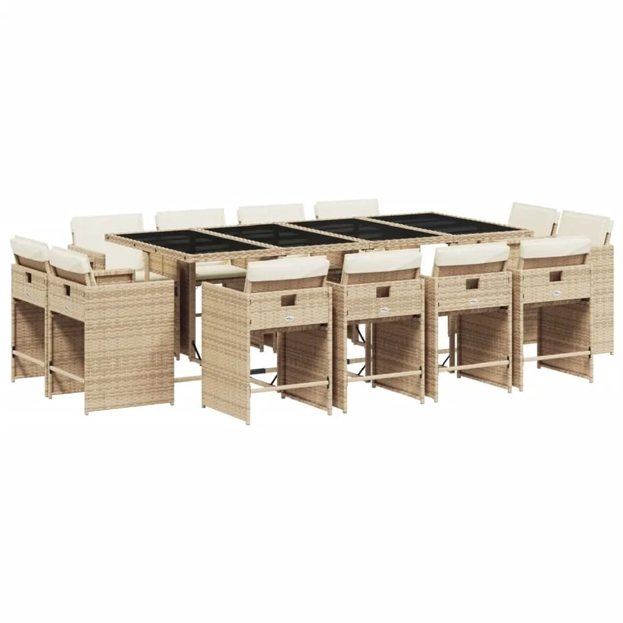 vidaXL 13-tlg Garten-Essgruppe aus Poly Rattan mit Kissen und Hartglas in Beige - Bild 2