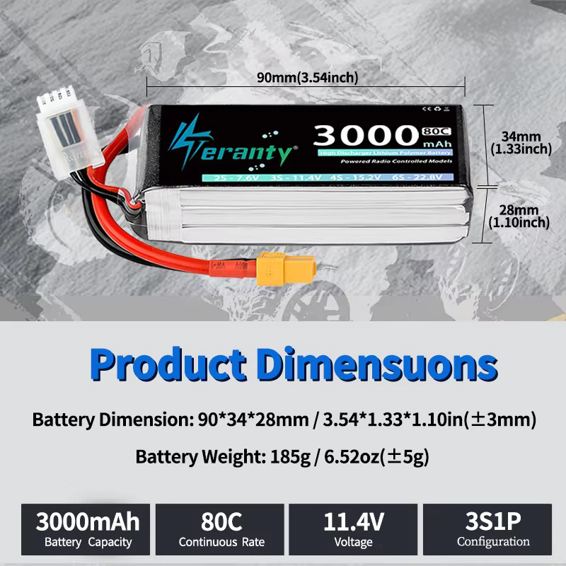 2 Stück TERANTY 3S LiPo-Akku mit 3000mAh, 11,1V/11,4V, 60C/80C, Softcase und XT60 Stecker, Schwarz - Bild 3