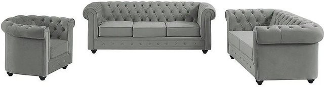 Vente-unique Chesterfield Couchgarnitur aus Samt in Hellgrau bestehend aus 3-Sitzer-Sofa, 2-Sitzer-Sofa und Sessel B/T/H: 205 x 82 x 165 cm - Bild 1