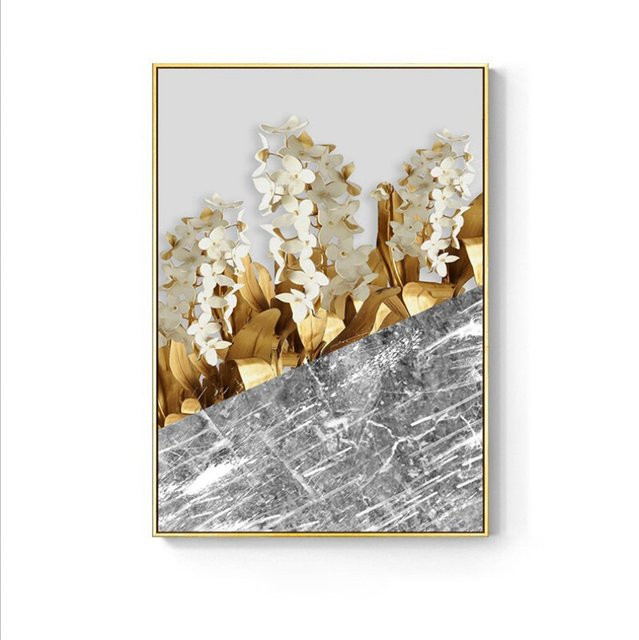 TPFLiving Leinwandbild Nordic Art Goldene Blätter in Schwarz Weiß Grau, B: 40 cm, H: 60 cm - Bild 1