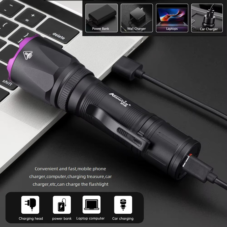 Alonefire UV-LED Schwarzlicht-Taschenlampe 15W 365nm in Schwarz, USB wiederaufladbare UV-Lampe zur Kleberhärtung und Fleckenerkennung, B/T/H: 13,0 x 3,5 x 3,5 cm - Bild 3