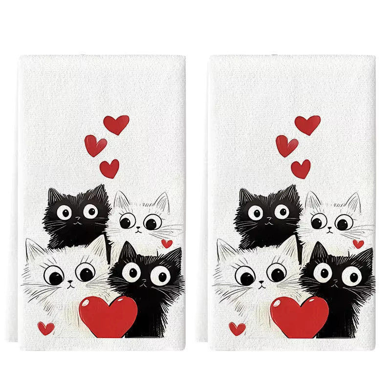 Saugfähiges Küchenhandtuch mit Herz-Katzen-Motiv in Schwarz-Weiß, B: 40 cm, H: 60 cm - Bild 2