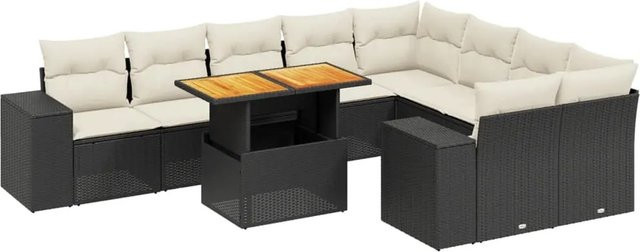 vidaXL 10-tlg. Garten-Sofagarnitur in L-Form aus Poly-Rattan und Akazienholz mit Kissen in Schwarz-Creme - Bild 1