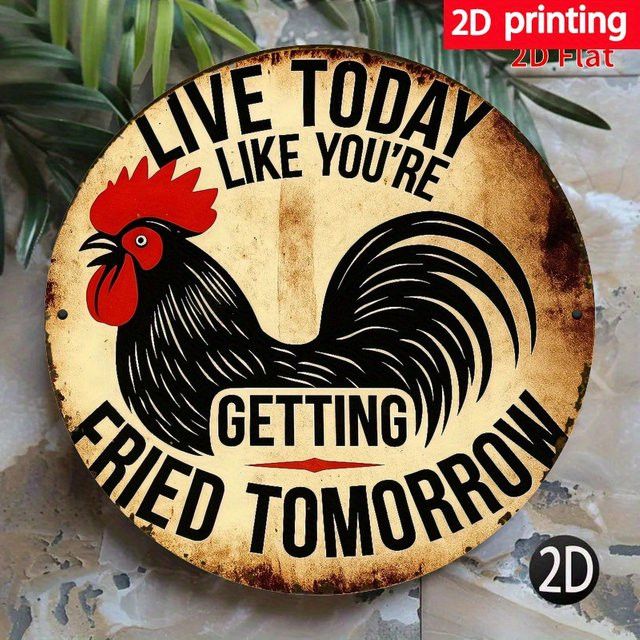Potdemiel Metallschild Hahn Wanddekoration Vintage-Bauernhaus Live Today Like You're Fried Tomorrow - Bild 1