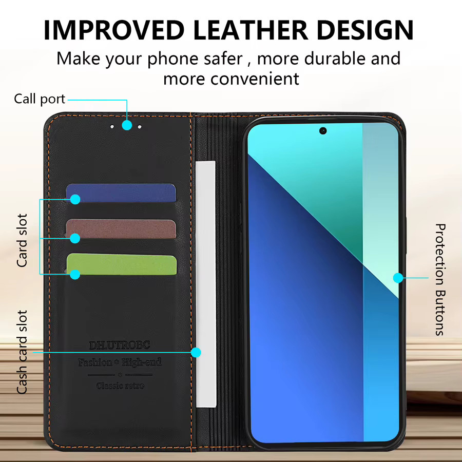 Magnetische Leder-Brieftasche mit Kartensteckplätzen als stoßfeste Schutzhülle für Xiaomi 15T, Redmi 15, Redmi 15C und Xiaomi 15T Pro in Schwarz oder Rot - Bild 3