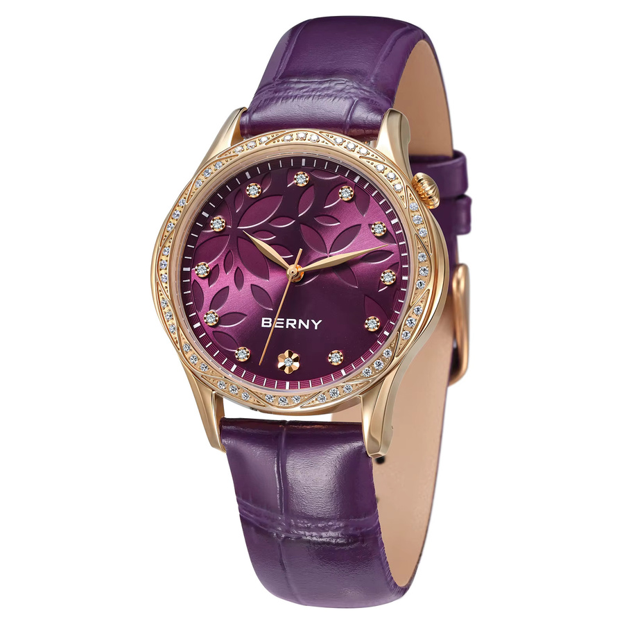 BERNY Armbanduhr Quarz, Roségoldgehäuse, lila, Diamant, Zirkonia, Leder, Damen - Bild 7
