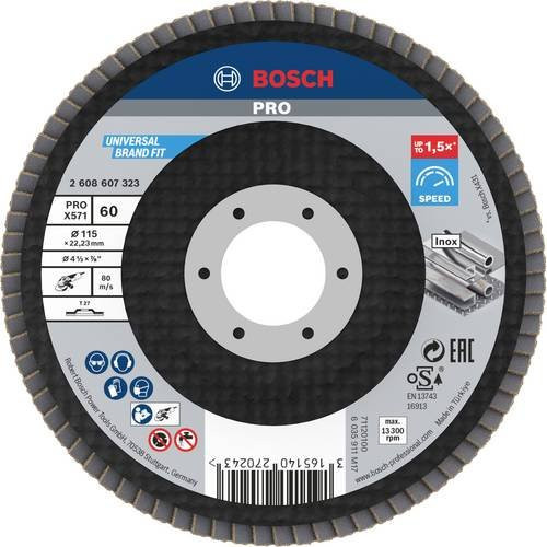 Bosch Fächerschleifscheibe X571 für Stahl, Durchmesser: 115 mm, Bohrungs-Ø: 22,23 mm, Körnung: 60, Farbe: Schwarz - Bild 1