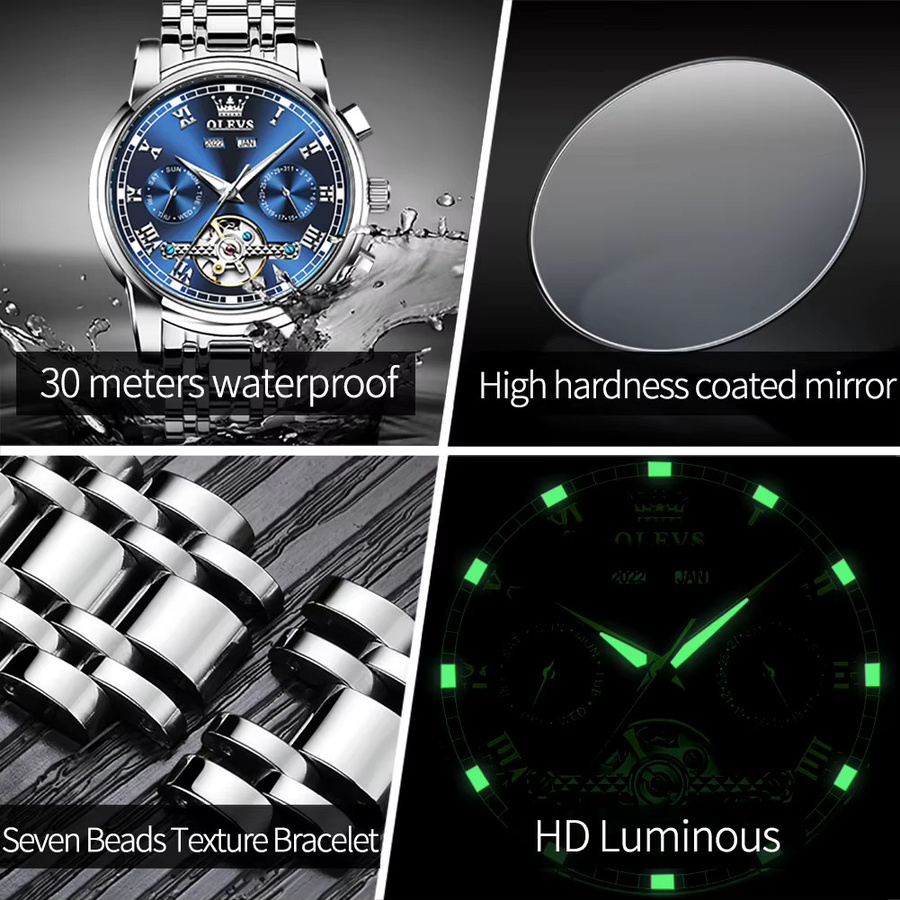 OLEVS Armbanduhr Automatik, Edelstahl, Blau, Herren - Bild 6