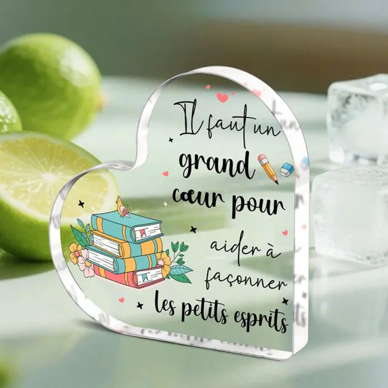 CIFBUY Herzförmiges Holz-Acryl-Schild mit französischem Zitat als inspirierende Desktop-Plakette in Weiß und Transparent mit floralem Design - Bild 1