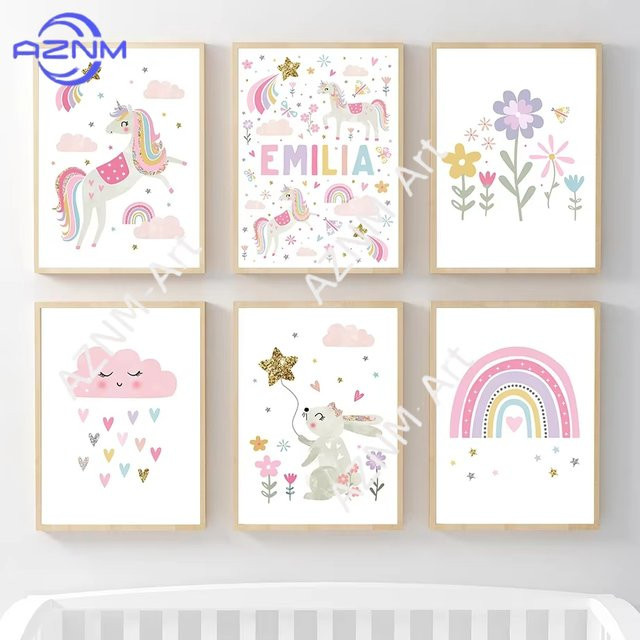 AZNM Wandkunst Leinwand Gemälde für das Kinderzimmer mit Einhorn, Hase, Regenbogen und Wolken in Rosa und Multicolour - Bild 1