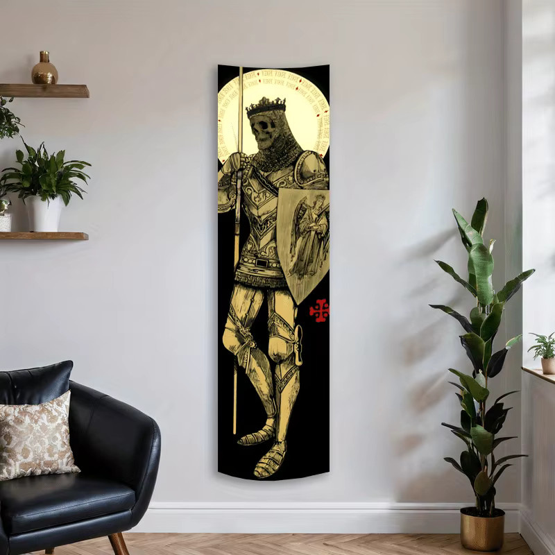 VIKAMA Wandteppich Retro Totenkopf Templer mit Streifen in Schwarz als hängende Wanddekoration - Bild 2