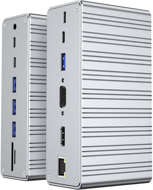 FC&EC 13 in 1 USB-C Hub Multiport Adapter in Silber mit 4K HD HDMI, VGA, RJ45 Ethernet, TF und SD Kartenleser sowie PD Typ-C Dockingstation für MacBook - Bild 1