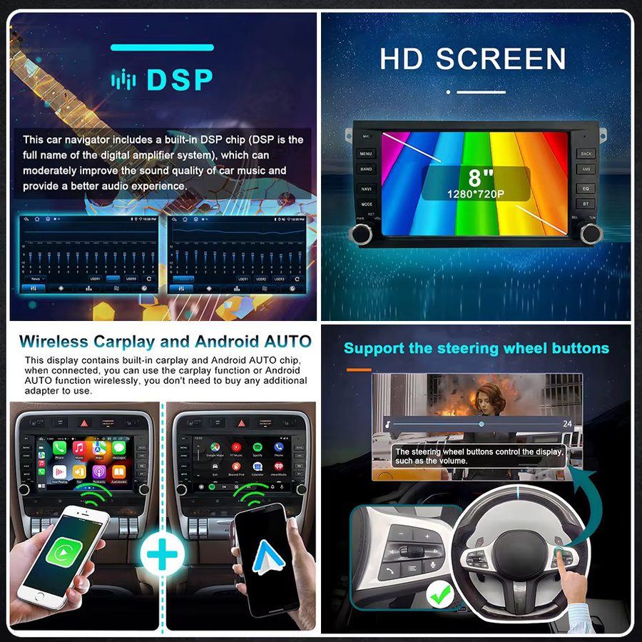 Wondefoo Android 15 Autoradio mit 8 Zoll Bildschirm für Porsche Cayenne 2005–2013, kabelloses CarPlay, Bluetooth, Navigation und Multimedia-Player, Schwarz - Bild 4