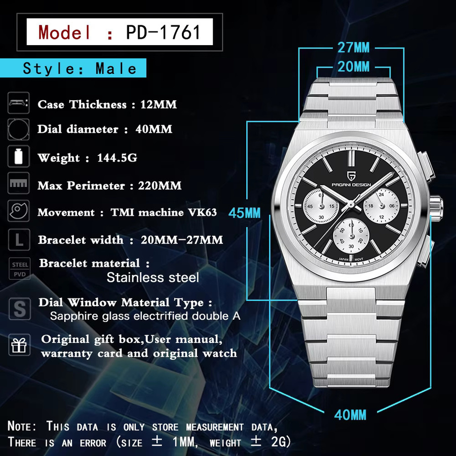 PAGANI DESIGN Chronograph, Quarz, Edelstahl, Schwarz, Herren - Bild 5
