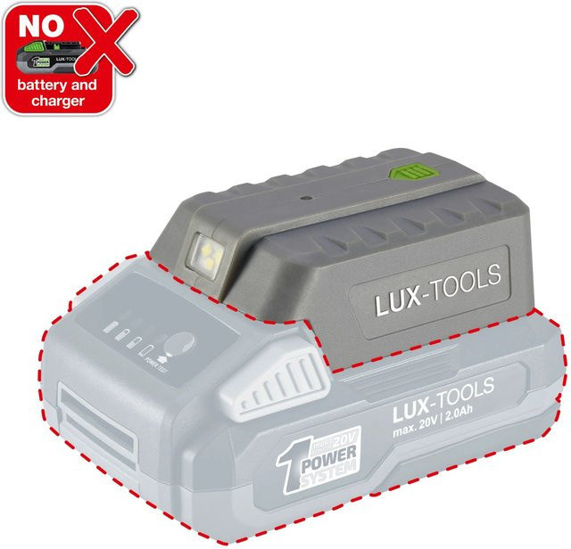 LUX-TOOLS USB-Akkuadapter 20 V mit Taschenlampe in Grau mit USB-A und USB-C Anschlüssen - Bild 1
