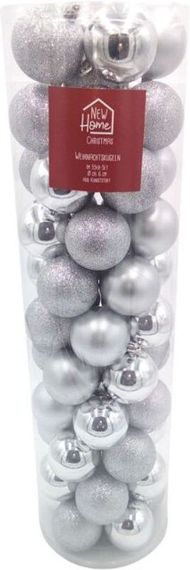 Buri Weihnachtsbaumkugeln Silber und Grau aus Kunststoff, 55-teiliges Set rund und hängend für deine Weihnachtsdekoration - Bild 1
