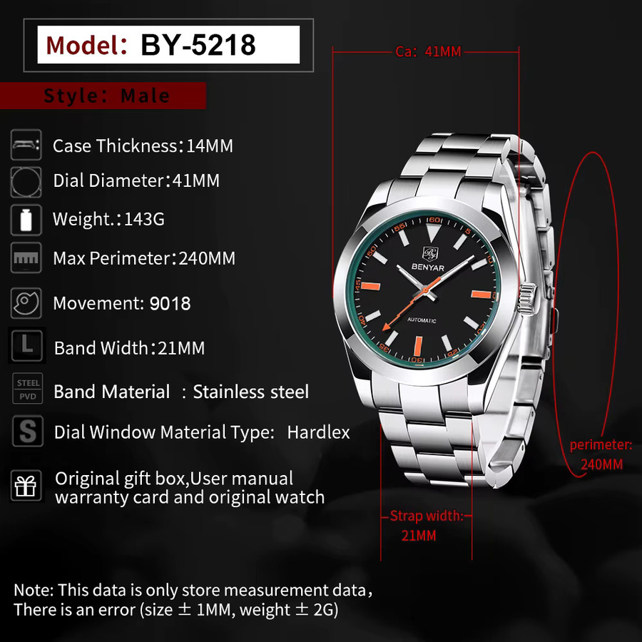 BENYAR Armbanduhr Automatik, Edelstahl, Schwarz, Silber, Herren - Bild 4