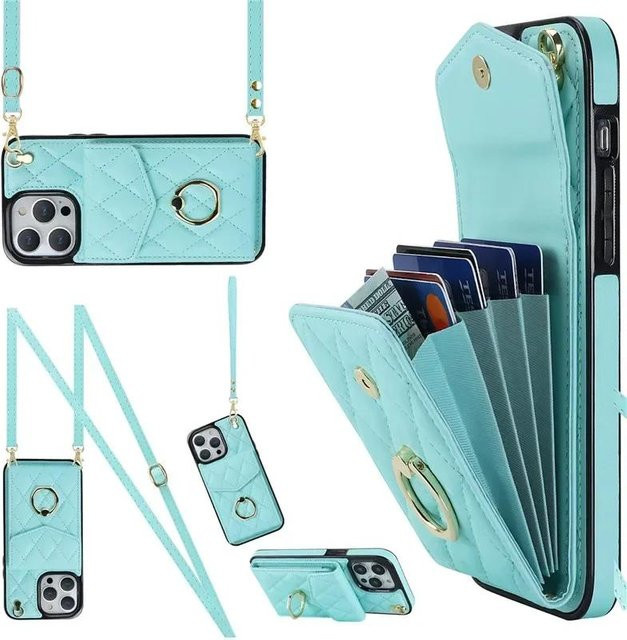 G.MING Crossbody Lanyard Leder Geldbörse und Handyhülle für iPhone 11 bis iPhone 17 Pro Max in Purple oder Turquoise - Bild 1