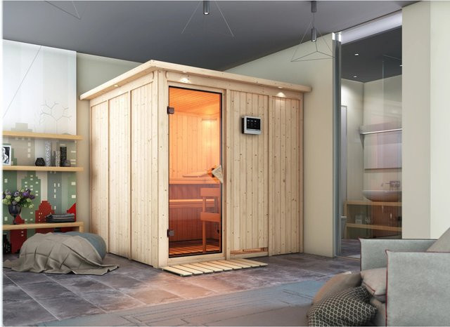 Karibu Sauna Rikka in Beige mit Edelstahlofen, externem Steuergerät und Dachkran - Bild 2