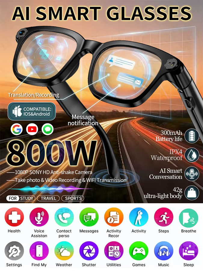 LIGE Smart-Brille mit 4K Kamera, KI-Funktion, HD-Videoaufnahme und Bluetooth für Telefonate, Farbe: Schwarz - Bild 6