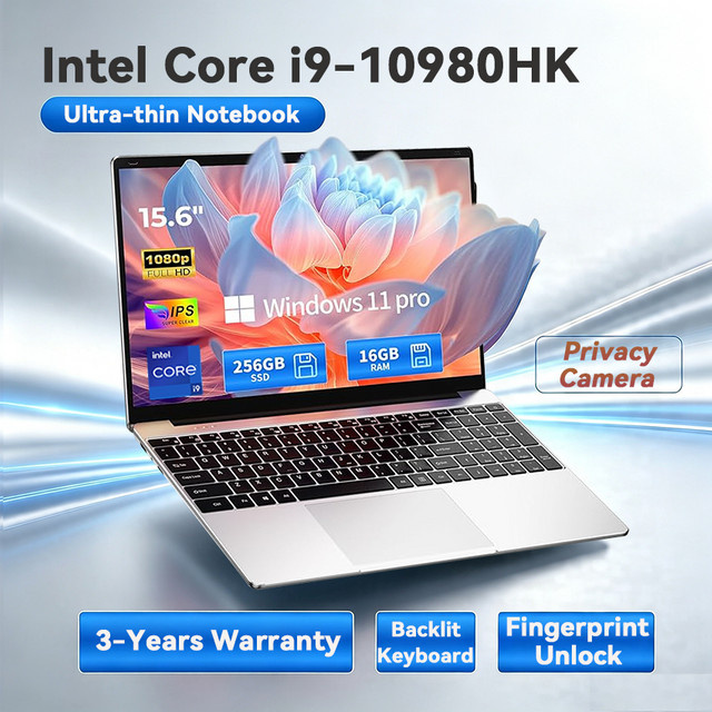 FUCHU Gaming-Laptop mit Intel I9-10980HK, 15,6 Zoll Display, Windows 11, Hintergrundbeleuchtung und Fingerabdruck-Sensor, Silber - Bild 1