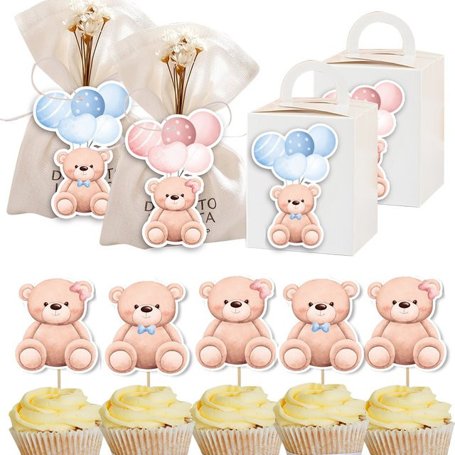 50 Stück Ballon-Bär-Aufkleber aus Papier in Blau und Rosa für Babyparty und Kindergeburtstag als Party-Dekoration und Geschenkverpackung - Bild 1