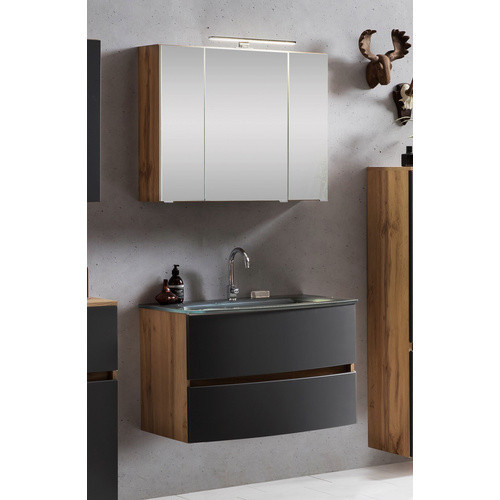 HELD MÖBEL Waschtisch-Set KOPENHAGEN in Grau, 4-teilig, modern und wandmontiert mit LED-Beleuchtung und Steckdose - Bild 2