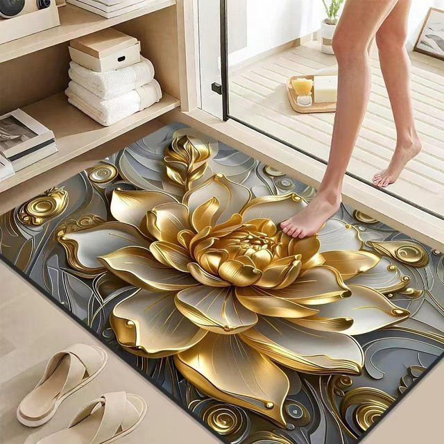 Warm Magpie Home Badezimmerteppich 3D Goldene Blume, Saugfähig und Rutschfest, B/T: 80 x 50 cm, Farbe: Gold - Bild 1