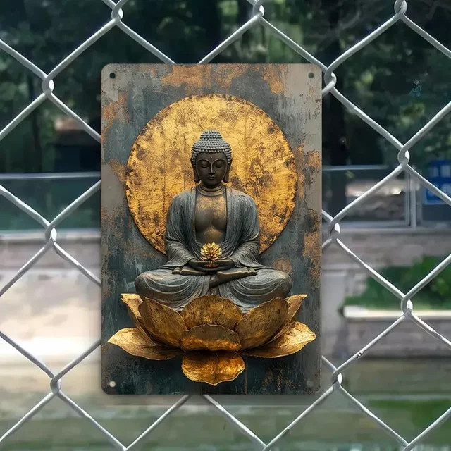 HELLOYOUNG Retro Golden Buddha Metallschild für die Wanddekoration, Rechteckig, B/H: 30 x 20 cm - Bild 1